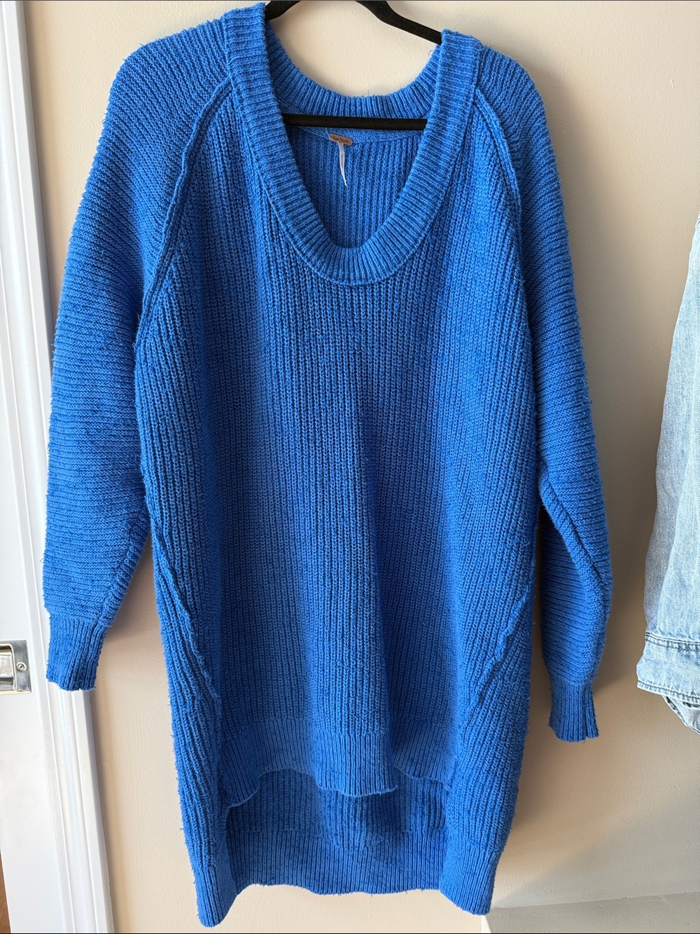 Free People V Neck Sunday Scoop Sweater Slouchy Blue Oversize Womens M Knit